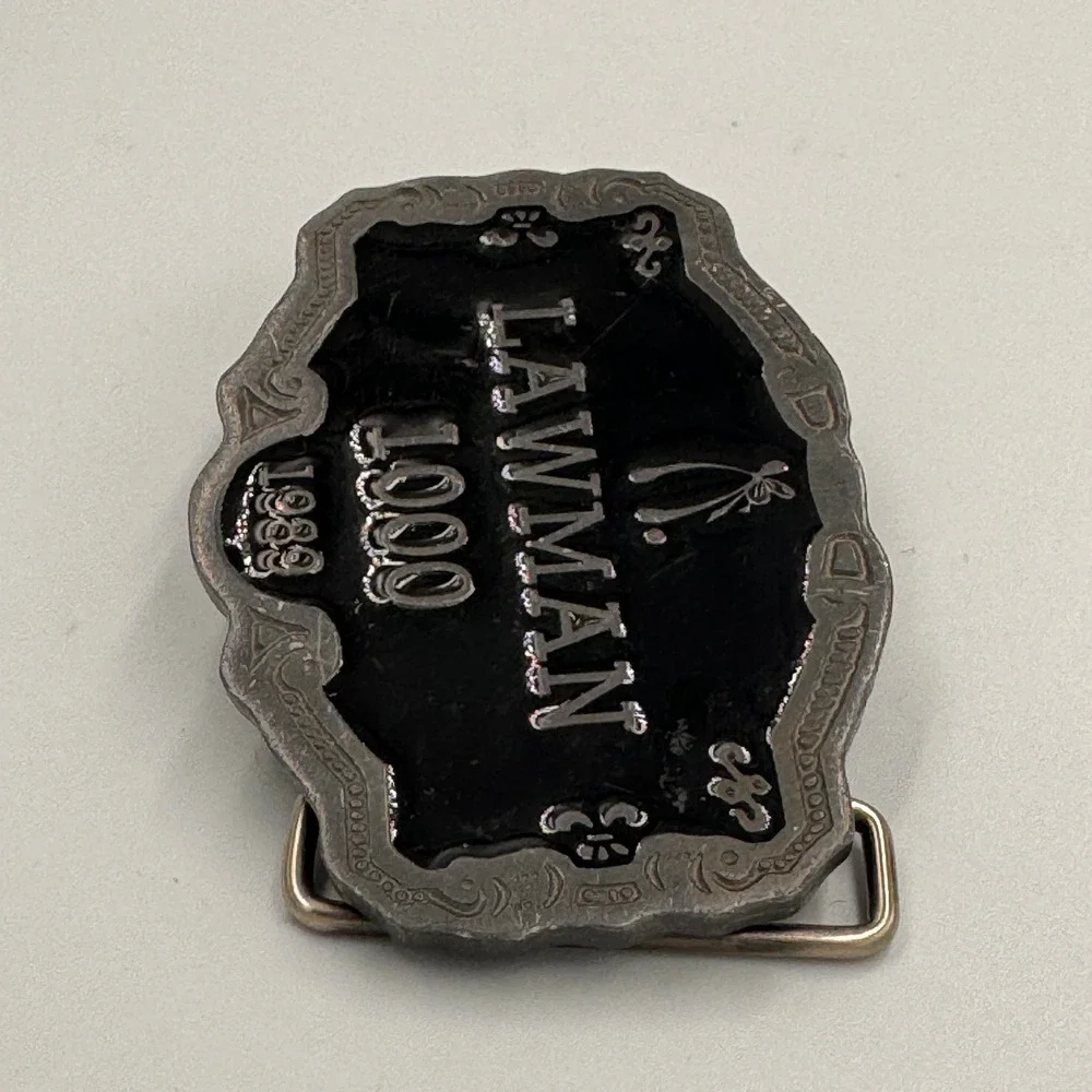 Vintage Lawman 1000 Belt Buckle 1989 Black Enamel Western Made in USA CD Hit